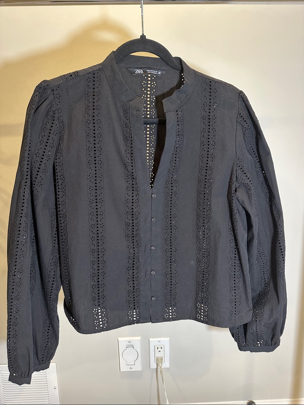 Zara Black Cotton Eyelet Blouse